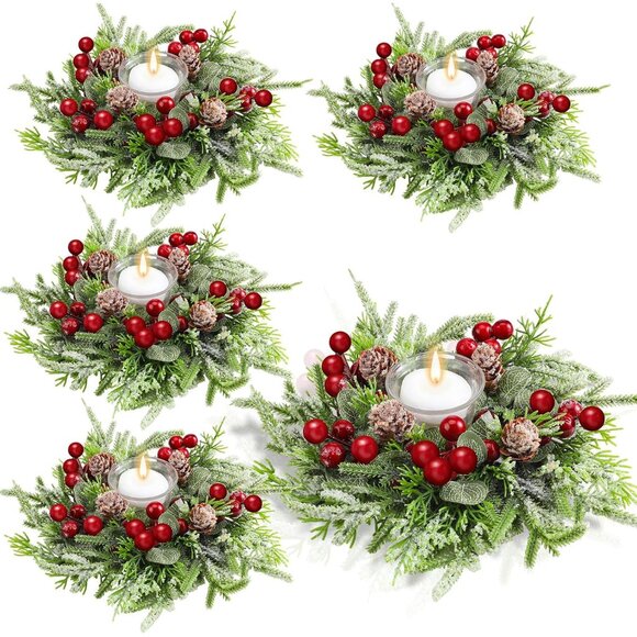 4 Pcs Christmas Candle Rings Wreath Xmas Kitchen Cabinet Mini Wreath Artificial